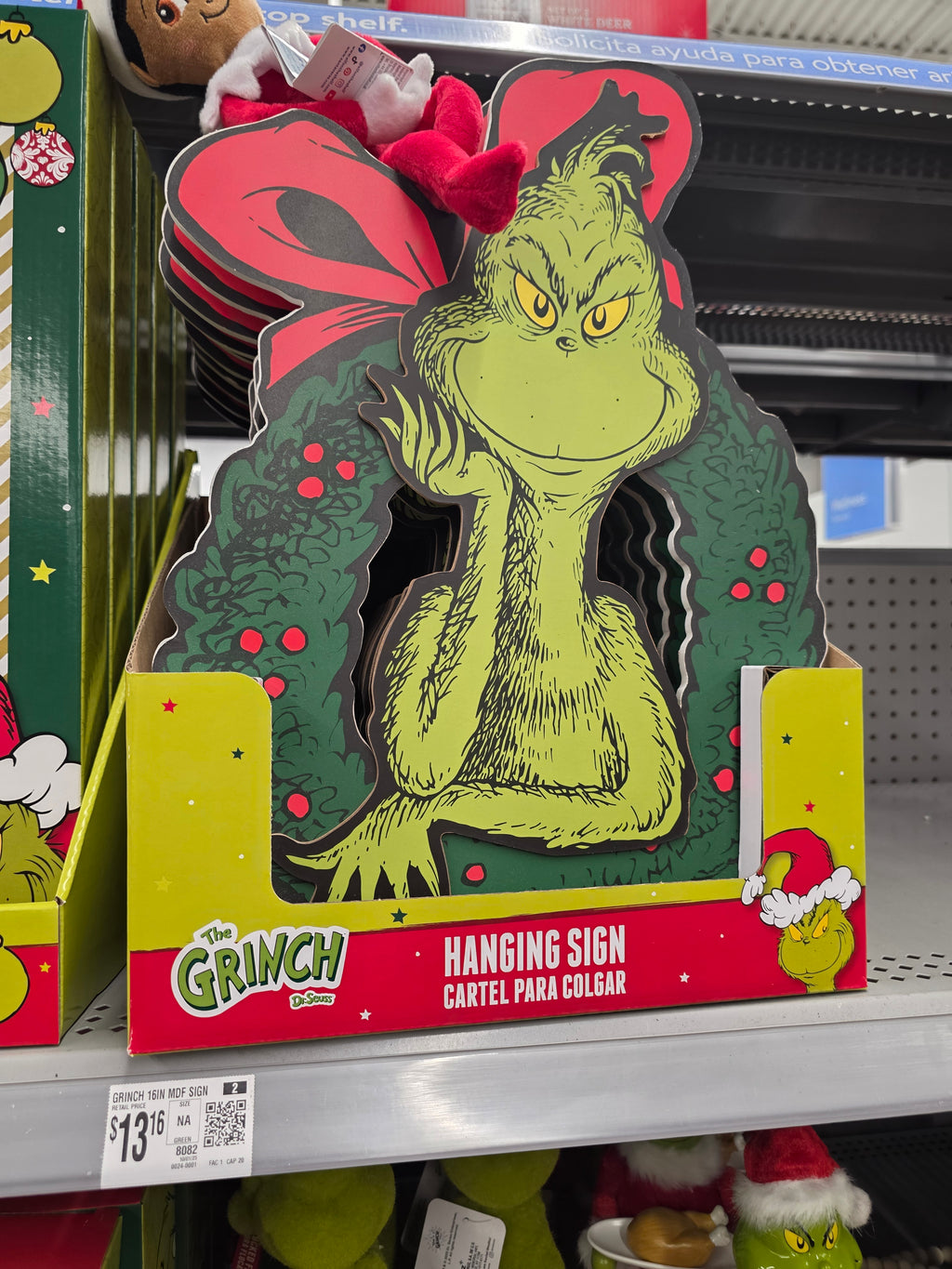 Grinch in Wreath Hanging Decoration, 16 inches Tall,