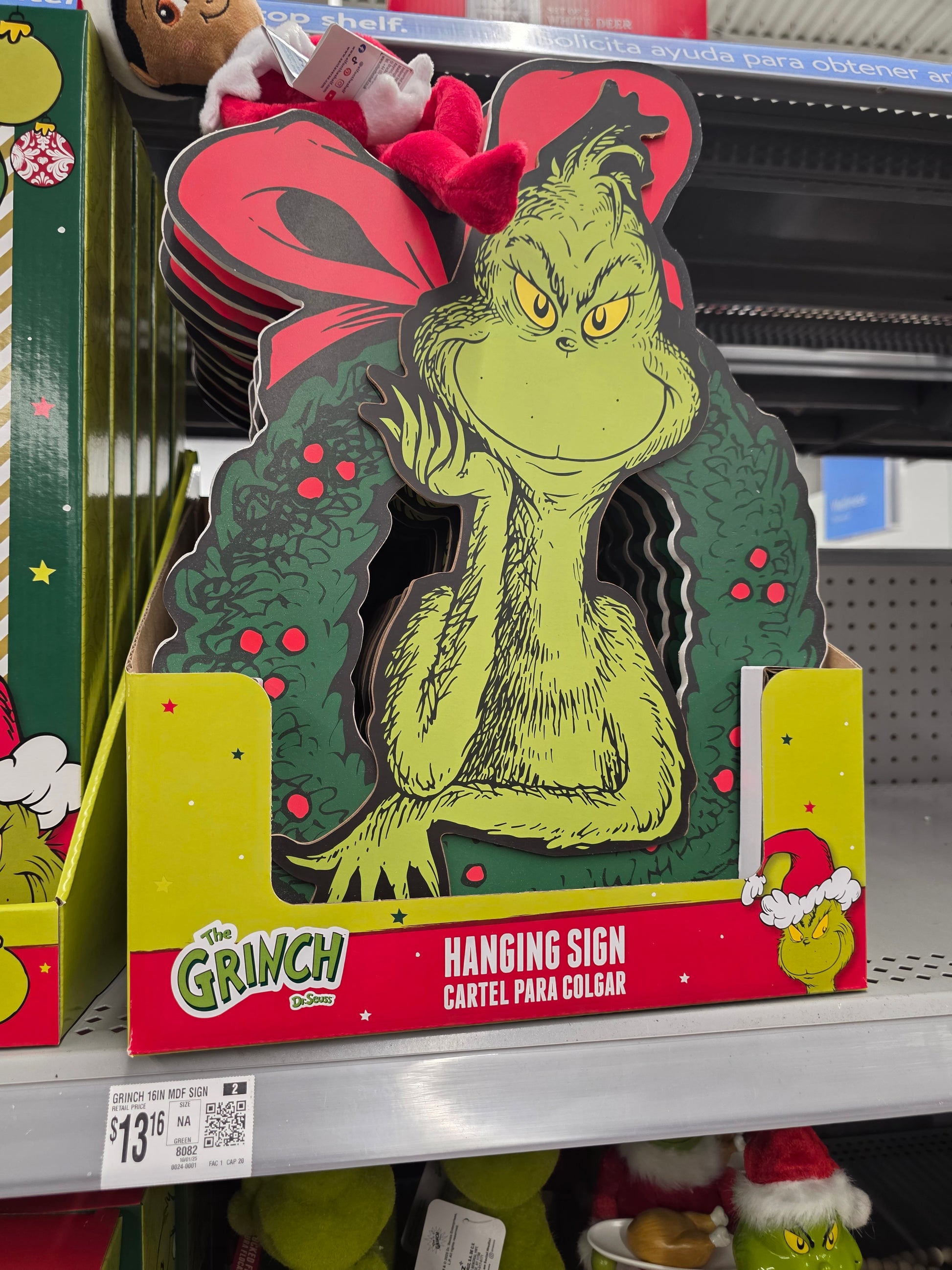 Grinch in Wreath Hanging Decoration, 16 inches Tall,