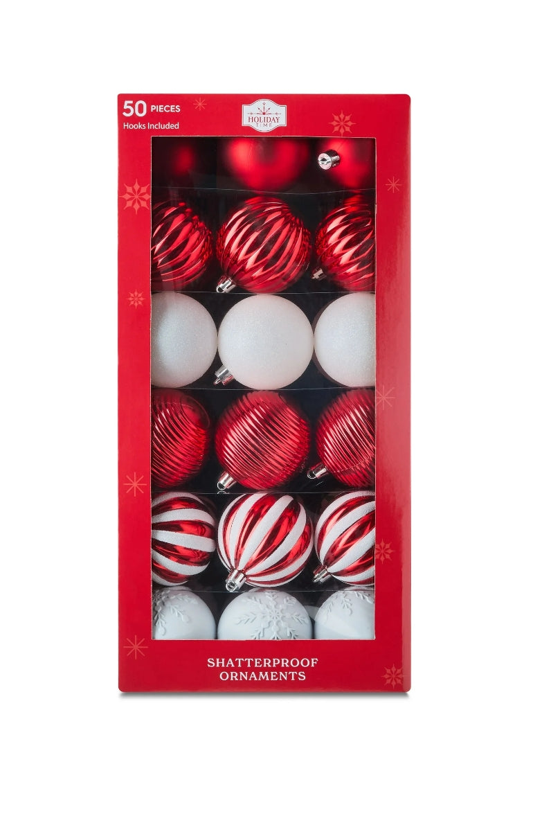 50-Count Red and White Shatterproof Christmas Ornaments