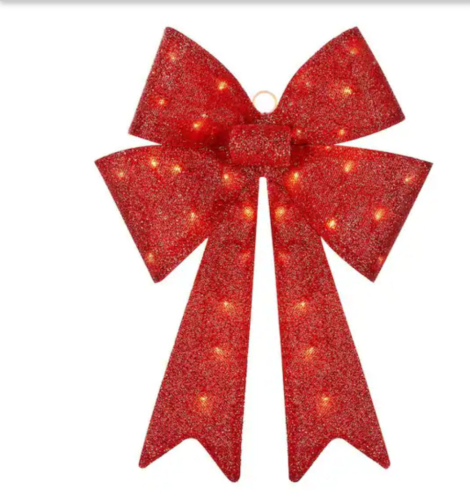 24 in. Yuletide Lane LED Red Tinsel Bow Holiday Yard Decoration