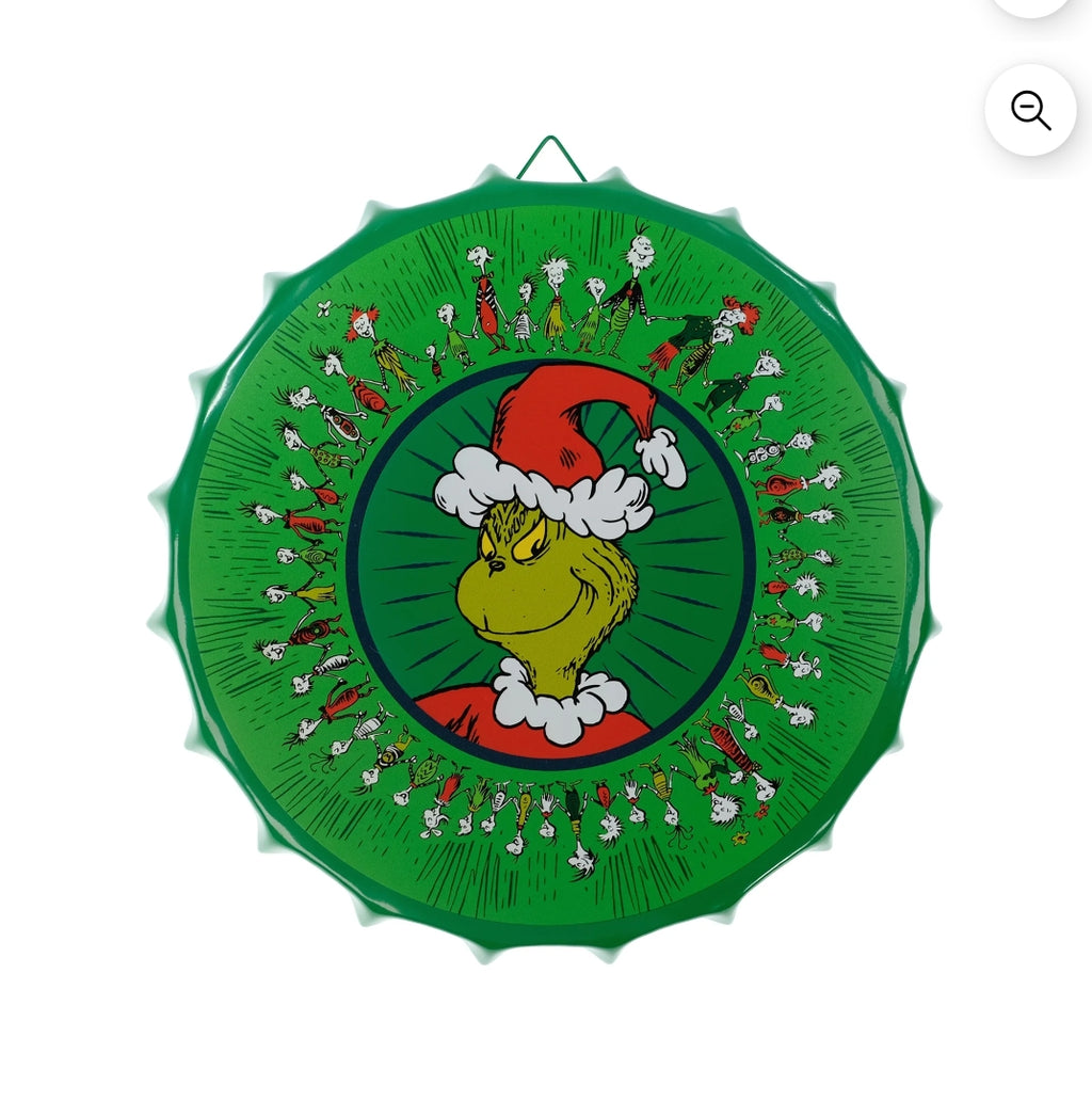 Grinch Round Metal Bottle Cap Sign, 11.6" Diameter, Green, Novelty