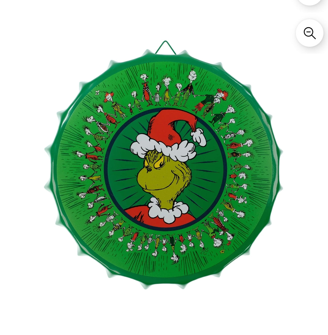 Grinch Round Metal Bottle Cap Sign, 11.6" Diameter, Green, Novelty