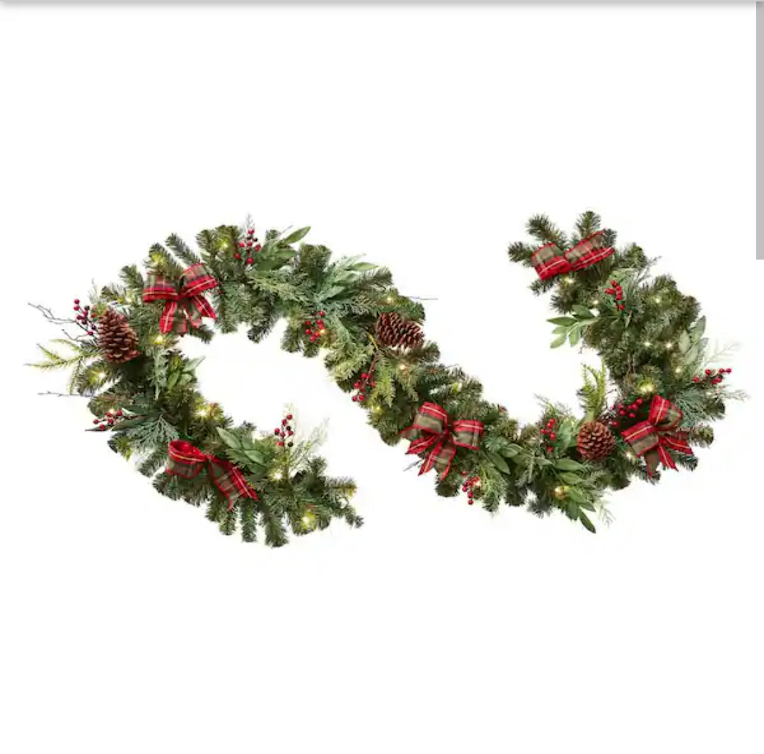 9 ft. Woodmoore Battery Operated Mixed Pine LED Pre-Lit Artificial Garland with Timer