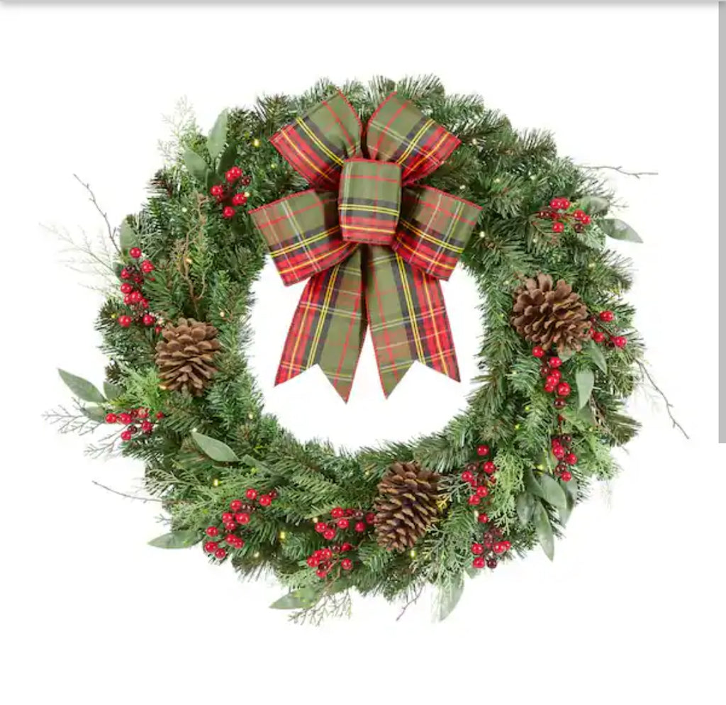 30 in. Woodmoore Battery Operated Mixed Pine LED Pre-Lit Artificial Wreath with Timer