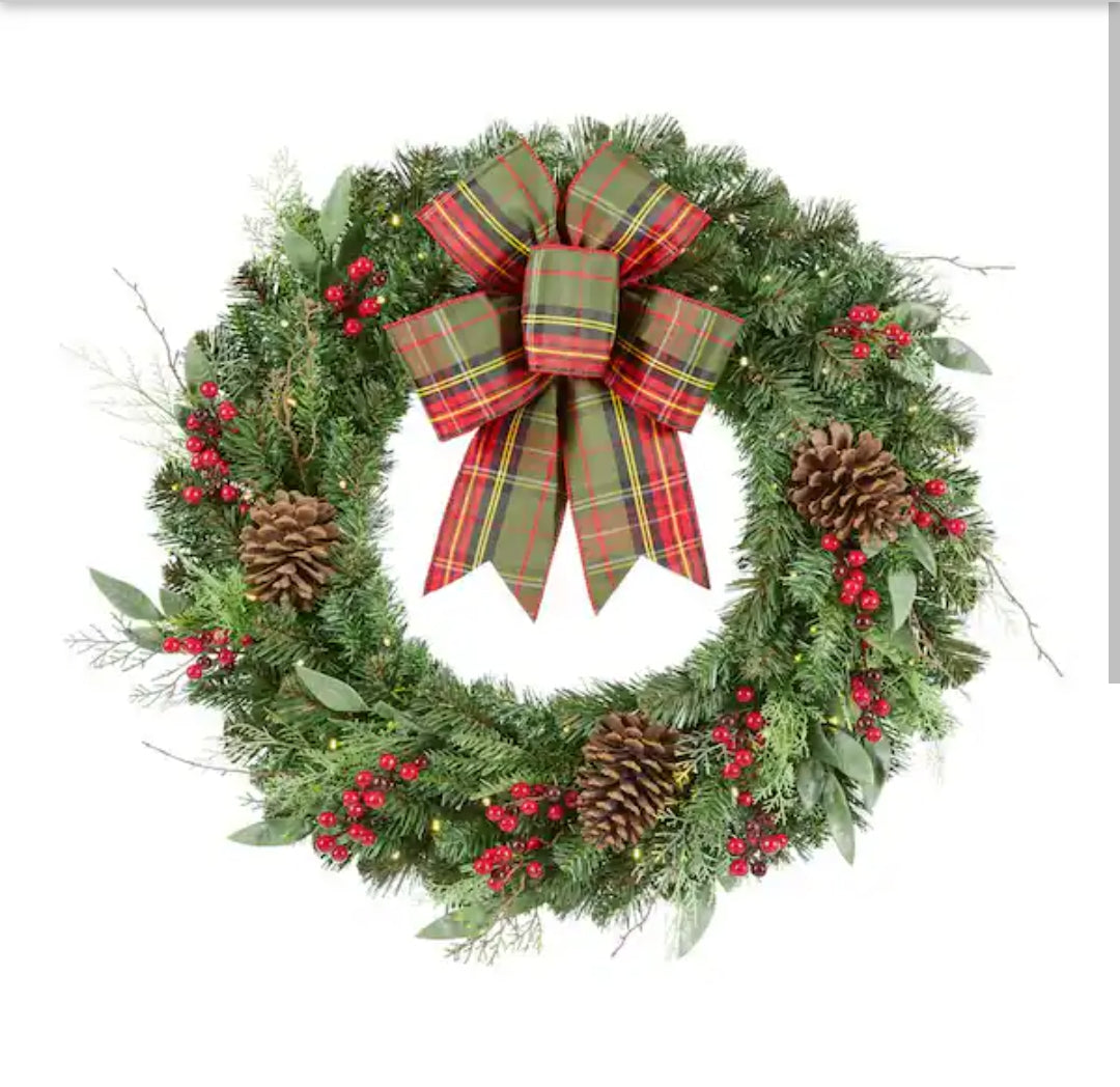 30 in. Woodmoore Battery Operated Mixed Pine LED Pre-Lit Artificial Wreath with Timer