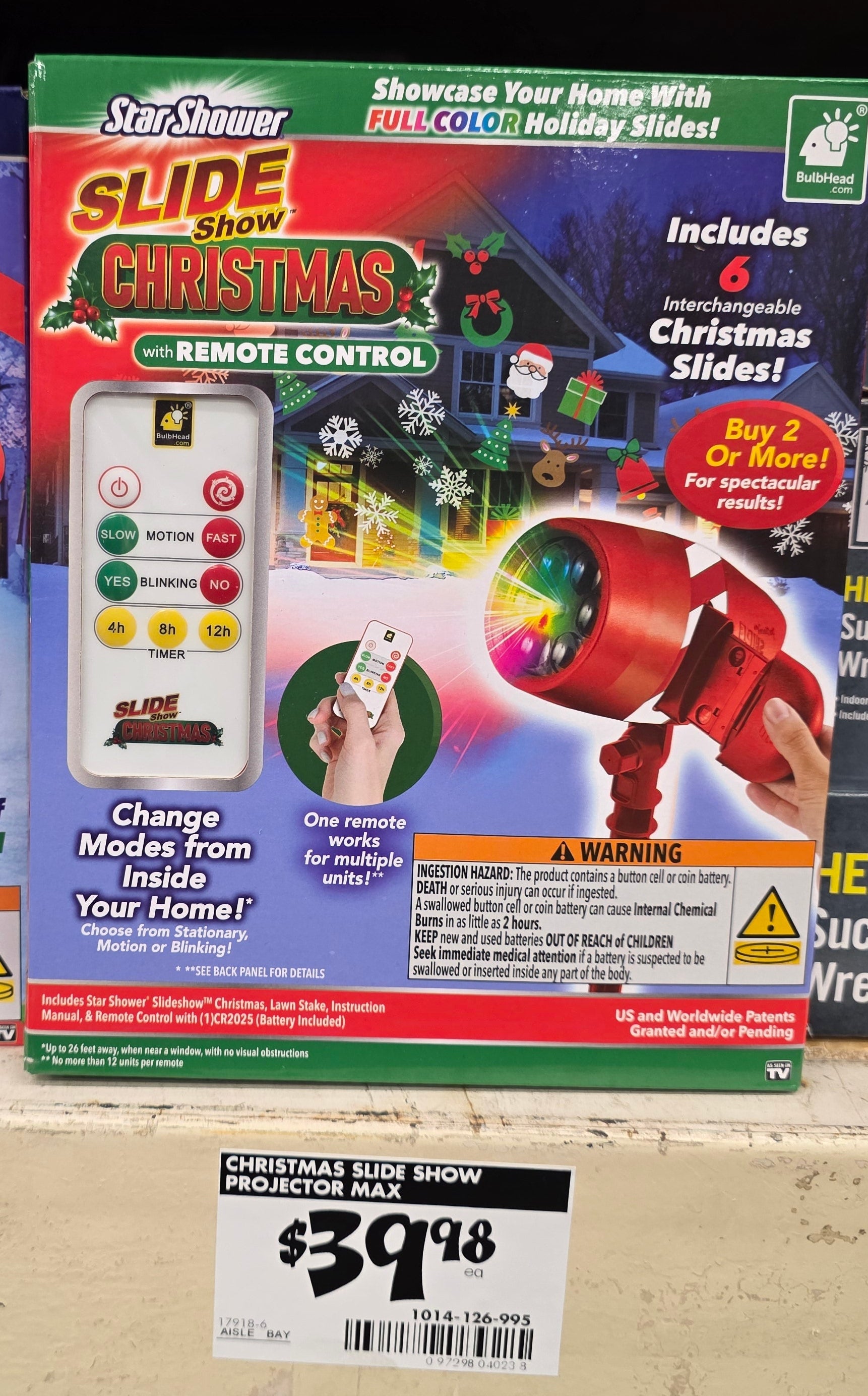 8 in. 6 Unique Pattern Christmas Slide Show Projector Light with Stake and Remote