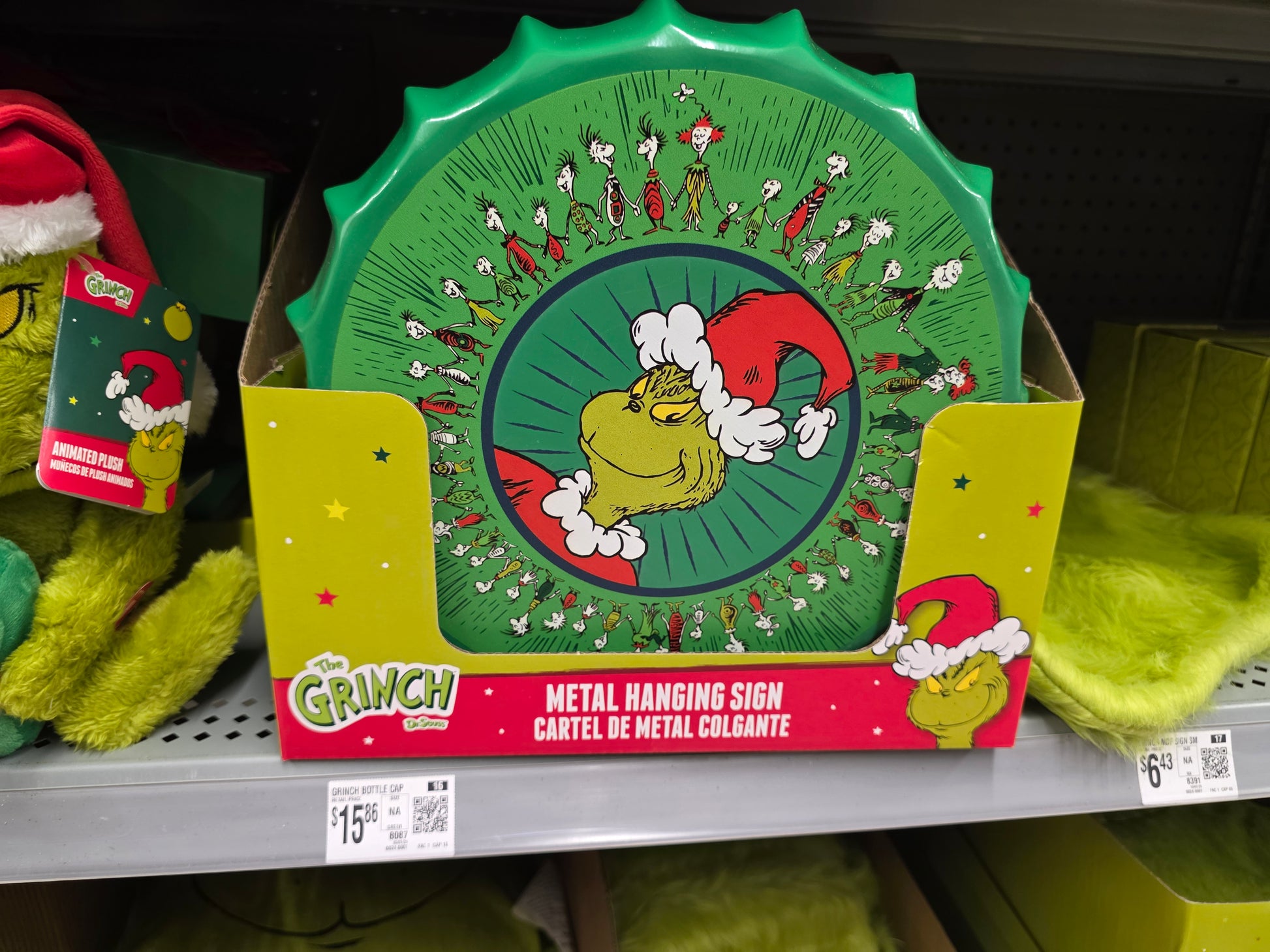 Grinch Round Metal Bottle Cap Sign, 11.6" Diameter, Green, Novelty