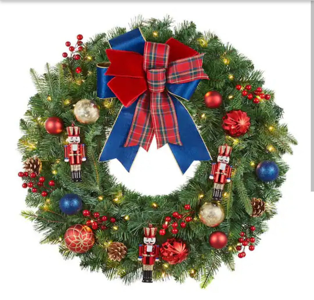30 in Festive Nutcracker Battery Operated Mixed Pine LED Pre-Lit Wreath with Timer